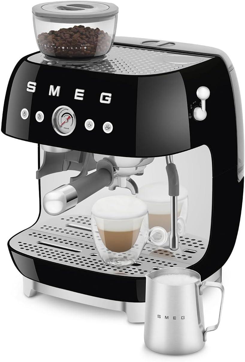 SMEG Black Semi-Automatic Coffee and Espresso Machine with Milk Frother