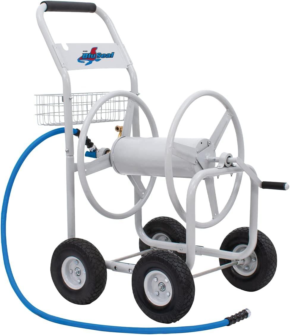 Heavy-Duty Gray Metal Hose Reel Cart with Ergonomic Handle