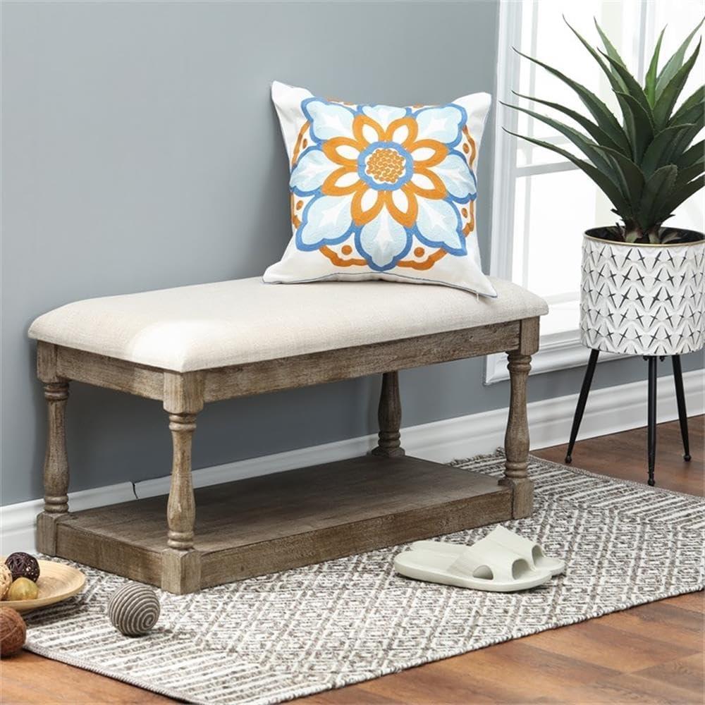 LuxenHome Upholstered Beige Linen Entryway and Bedroom Bench