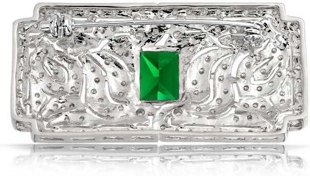 Bohemian Green CZ Rectangle Brooch Pin for Women Silver Plated Dainty Emerald Birthstone Vintage Filigree Geometric Brooches Lapel Pins Dress Accessories Wedding Mother's Birthday Jewelry Gift