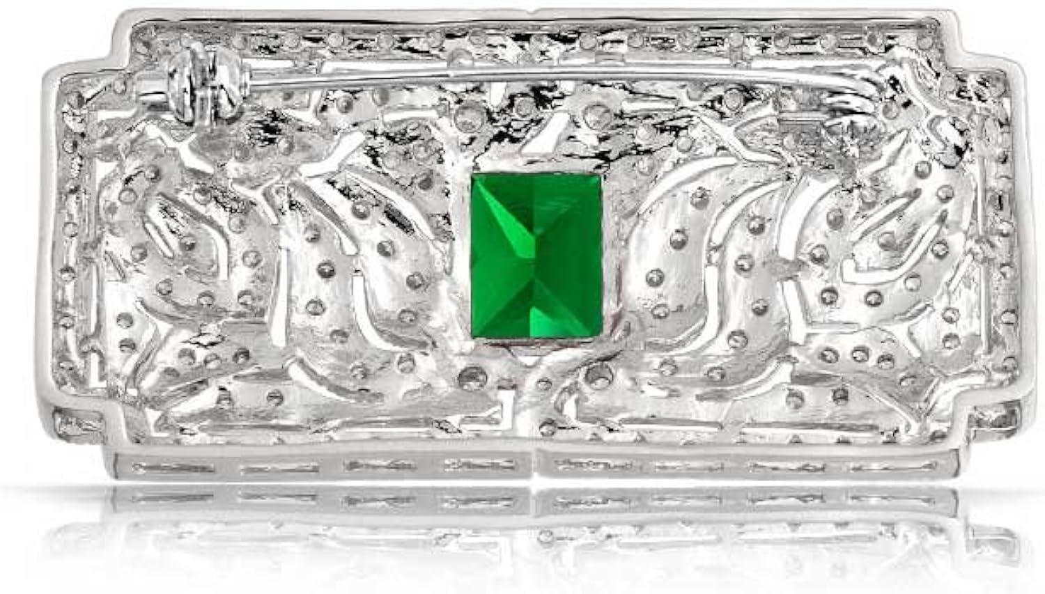 Bohemian Green CZ Rectangle Brooch Pin for Women Silver Plated Dainty Emerald Birthstone Vintage Filigree Geometric Brooches Lapel Pins Dress Accessories Wedding Mother's Birthday Jewelry Gift