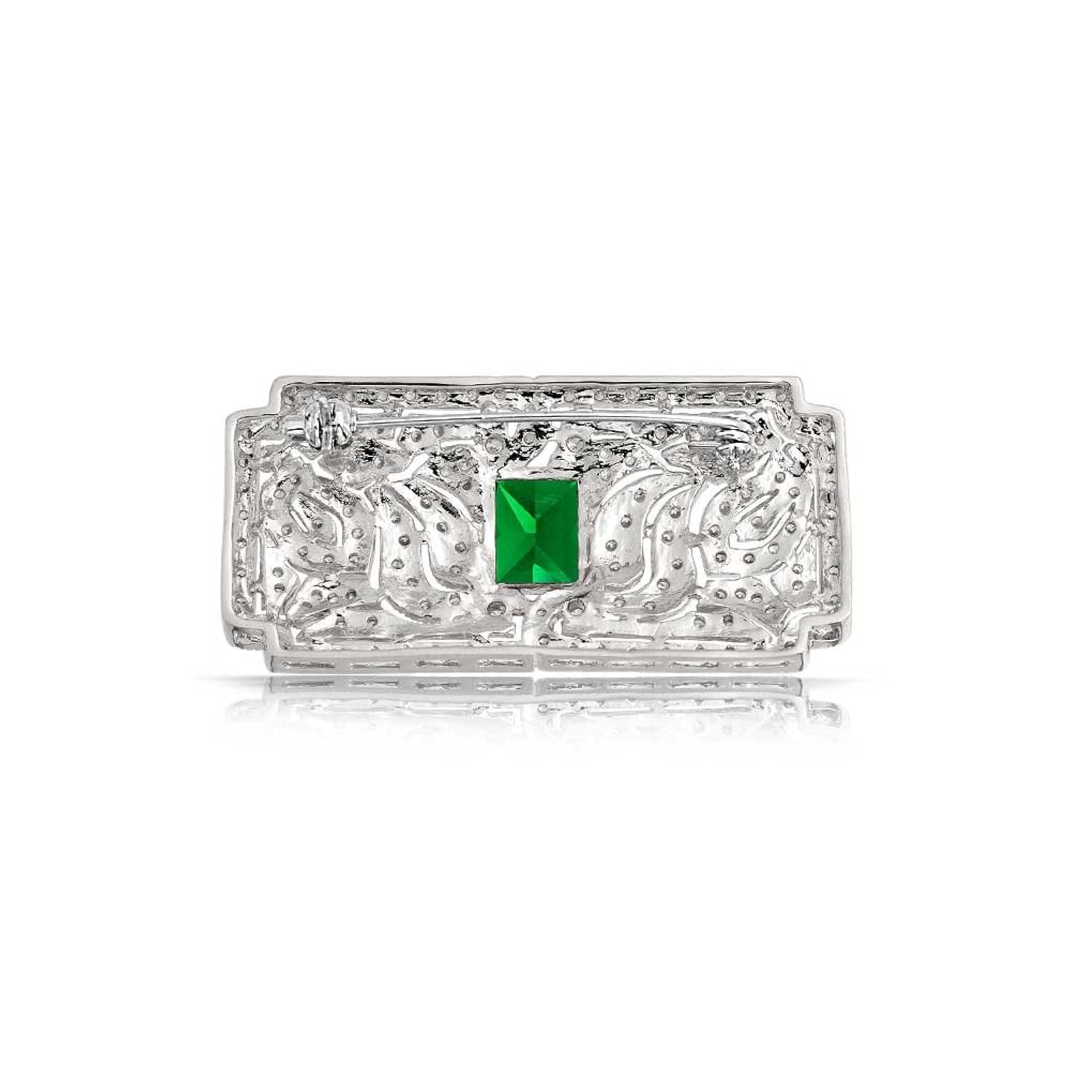 Bohemian Green CZ Rectangle Brooch Pin for Women Silver Plated Dainty Emerald Birthstone Vintage Filigree Geometric Brooches Lapel Pins Dress Accessories Wedding Mother's Birthday Jewelry Gift