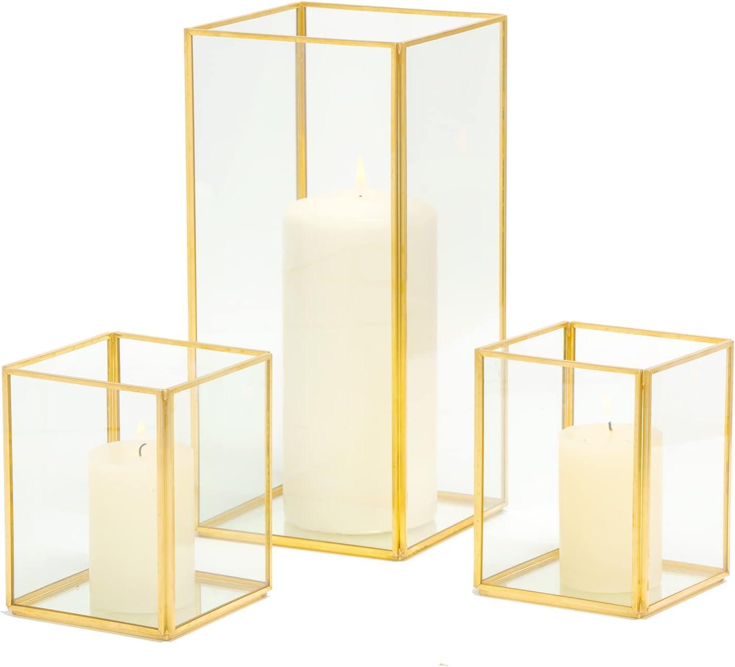 Phosphor Small Hurricane Candle Holder Set of 3 Pieces, Black Glass Candle Holder for Wedding, Party, Holiday.
