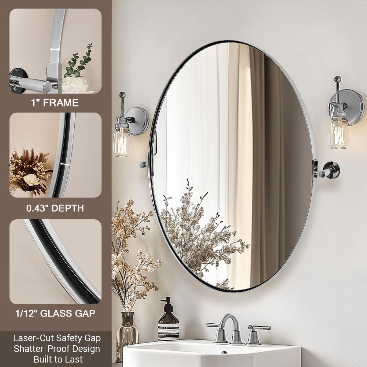 ANDY STAR Oval Bathroom Mirror, 24" x 36" Chrome Stainless Steel Metal Frame Vanity Mirror for Over Sink with Adjustable Tilting Design, Pivoting Mirror for Modern Wall Decor