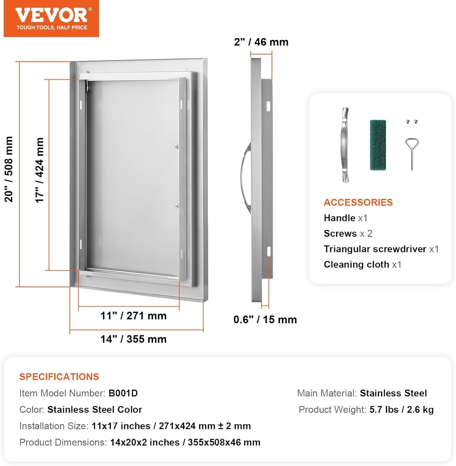24 in. W x 17 in. H Single Outdoor Kitchen Door BBQ Access Door Stainless Steel Flush Mount Door Wall Vertical Door