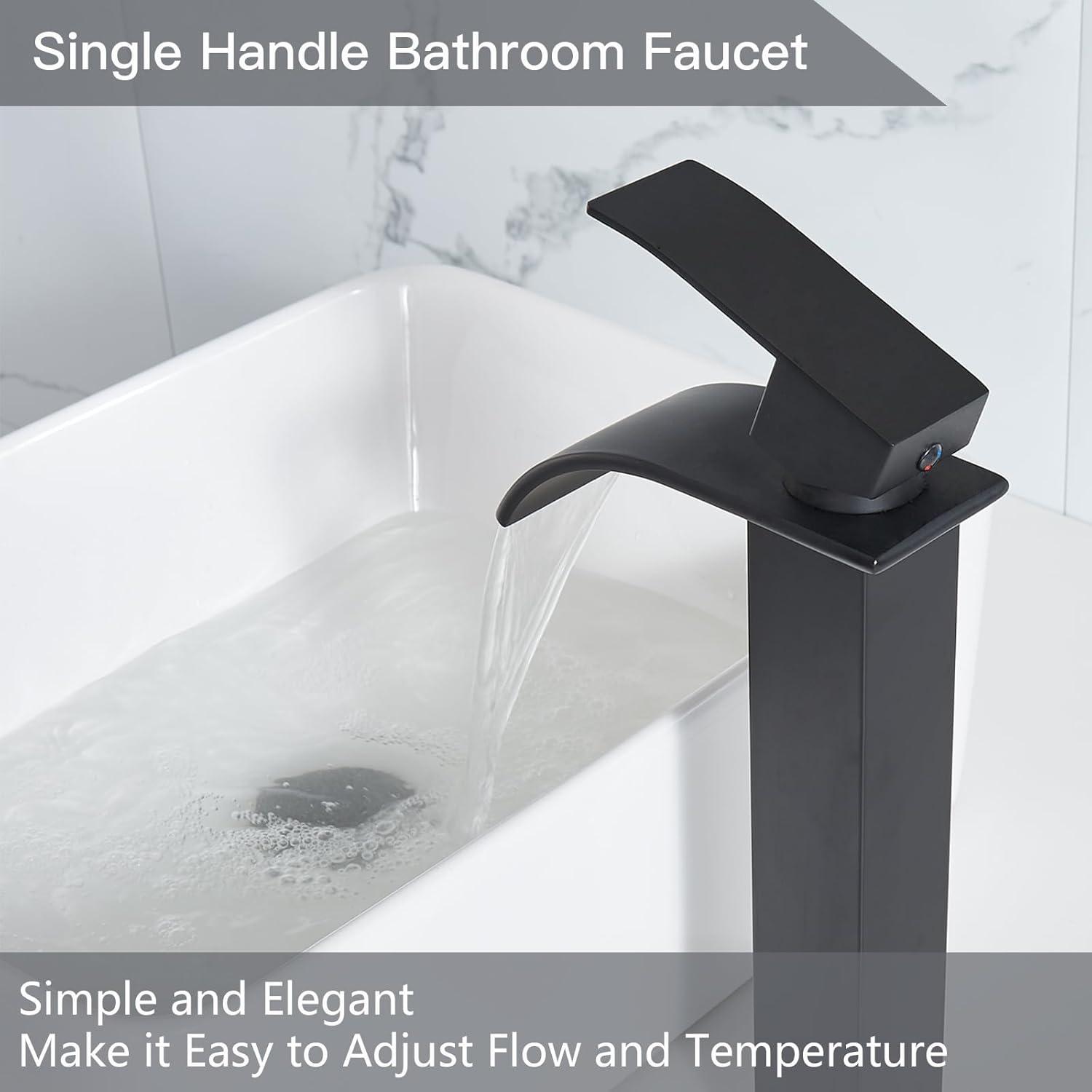Waterfall Bathroom Faucet Single Handle，Bathroom Sink Faucet 1 Hole，Waterfall Faucet for Bathroom Sink，Vessel Sink Faucet Matte Black Tall Bathroom Faucet