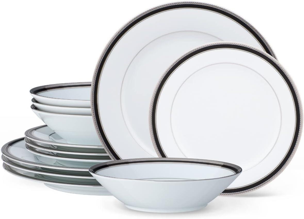 Austin Platinum 12-Piece White Porcelain Dinnerware Set with Metal Accents