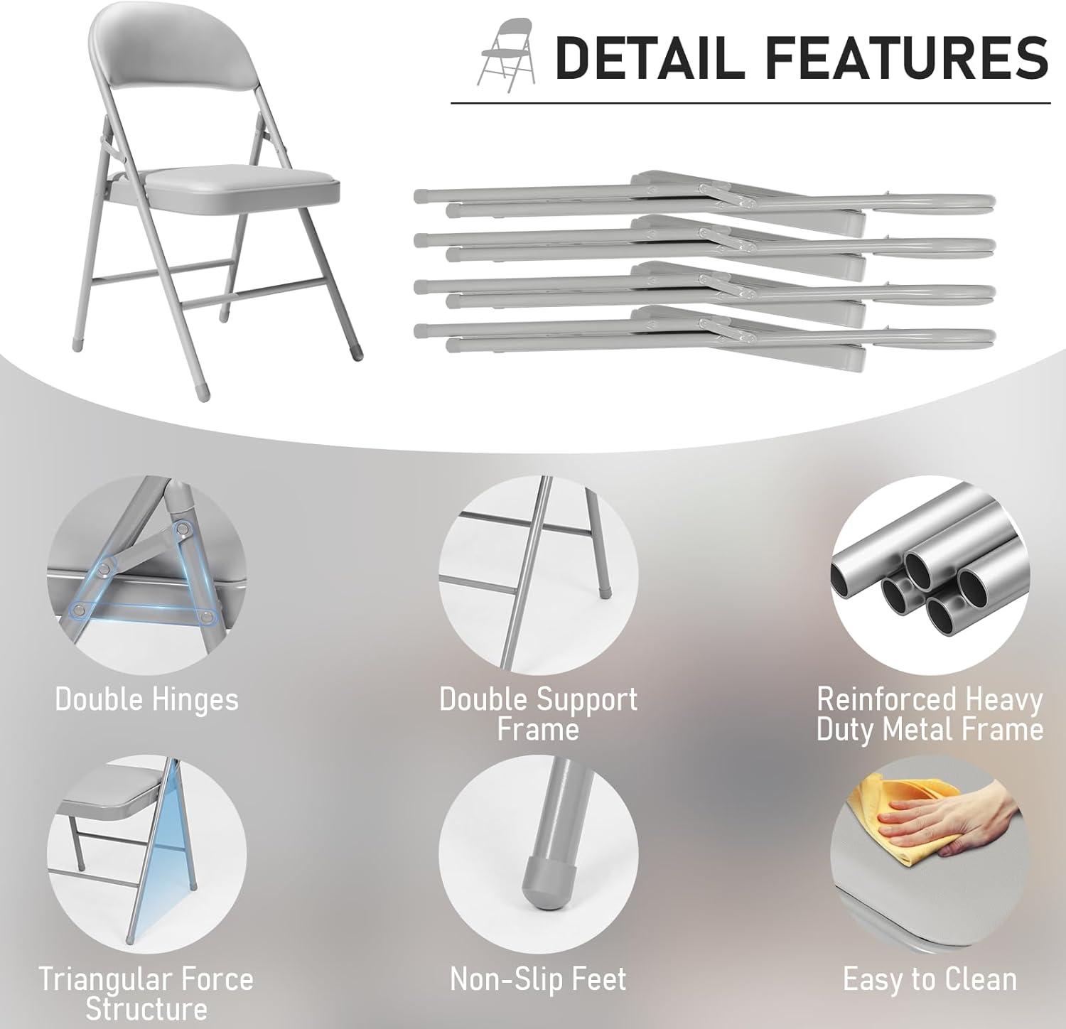 6 Pack Gray Folding Chairs with Padded Cushion and Back for Outside Portable Stackable Commercial Foldable Chairs with Steel Frame for Events Office Wedding Party, 330lbs Capacity