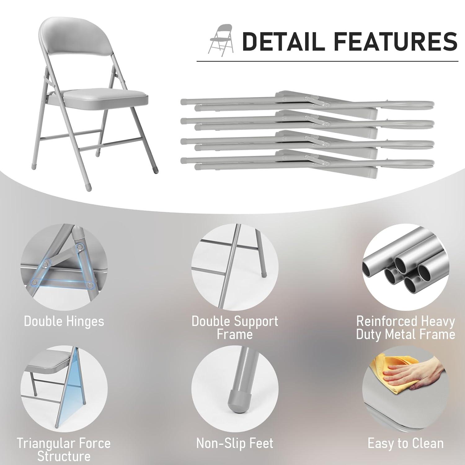 6 Pack Gray Folding Chairs with Padded Cushion and Back for Outside Portable Stackable Commercial Foldable Chairs with Steel Frame for Events Office Wedding Party, 330lbs Capacity