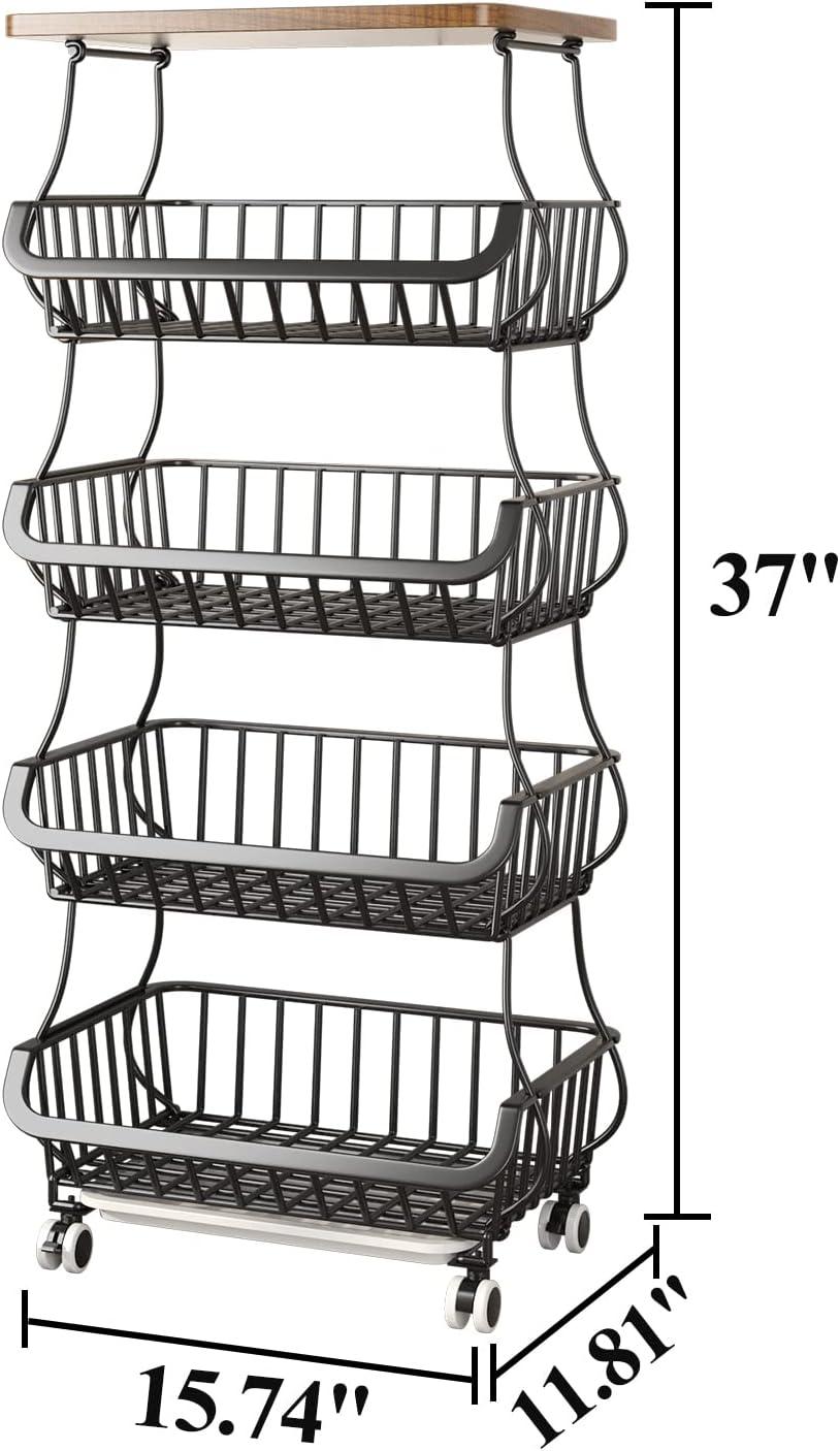 Black 5-Tier Metal and Wood Kitchen Storage Basket