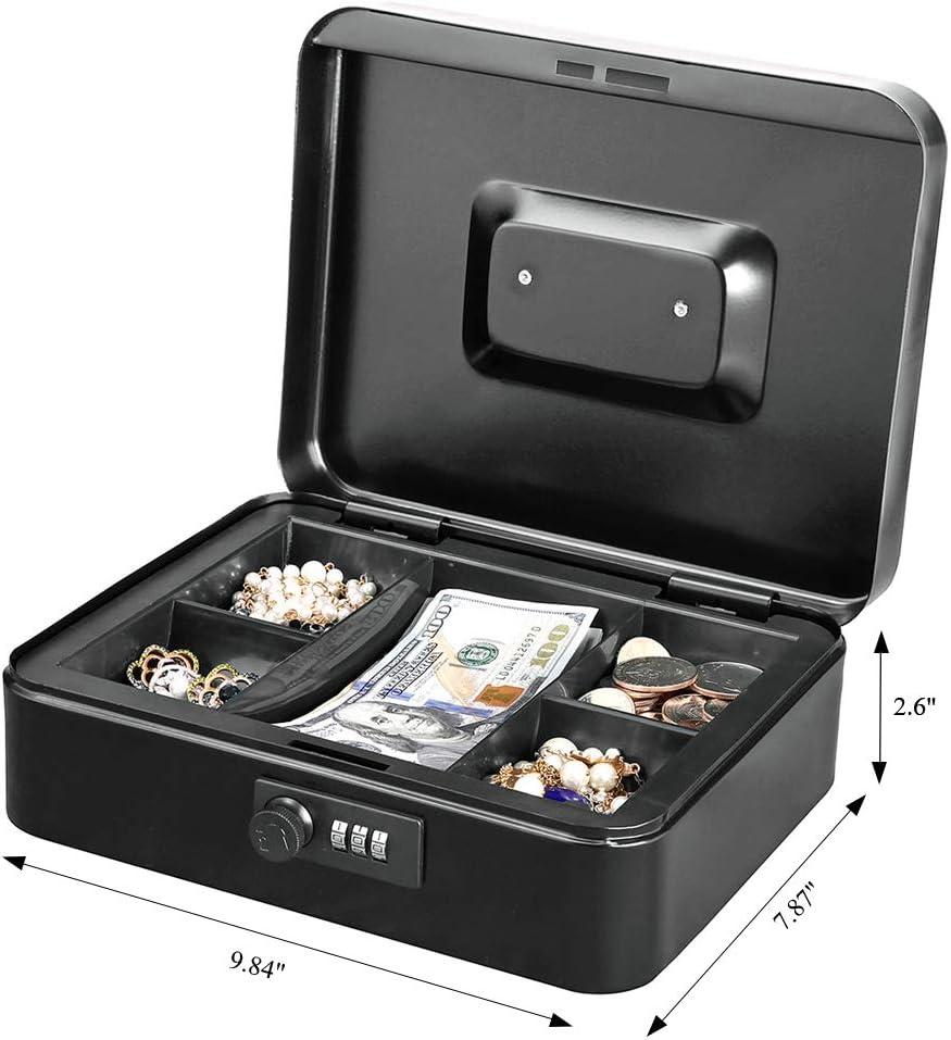 KYODOLED Large Cash Box with Combination Lock Safe Metal Money Box with Money Tray for Security Lock Box 9.84"x 7.87"x 3.54" Black