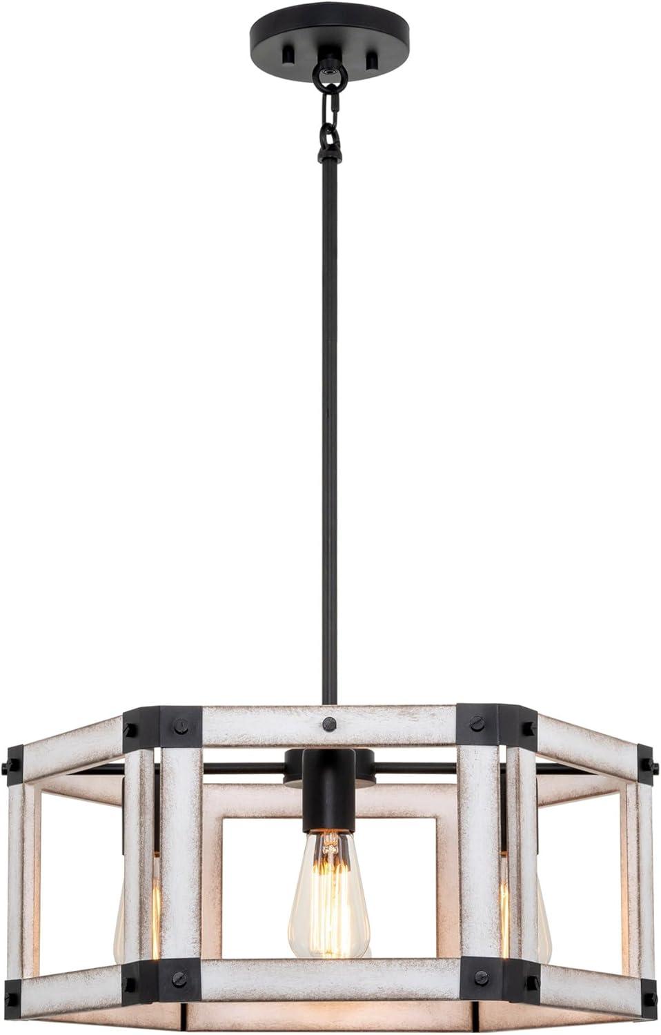 Kira Home Dalton 20" Farmhouse Geometric Chandelier, Open Hexagon Drum Design, White Ash Distressed Wood Style, Black