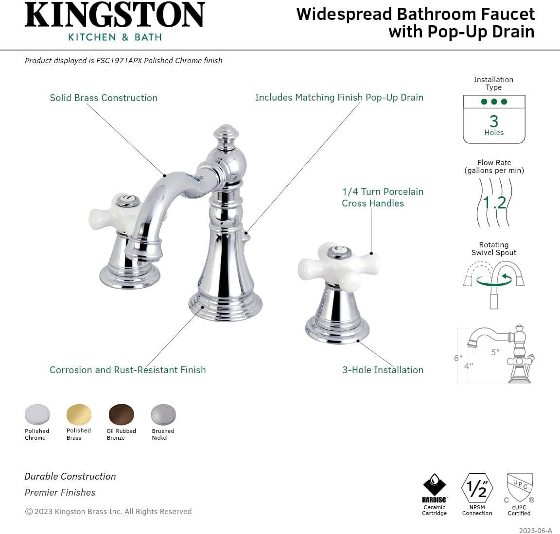 Kingston Brass American Classic Two-Handle 3-Hole Deck Mount Widespread Bathroom Faucet with Pop-Up Drain