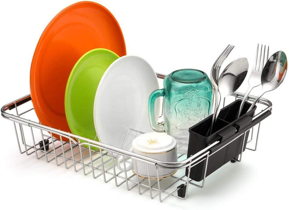 SANNO Expandable Dish Drying Rack Over The Sink Dish Drainer in Sink or On Counter with Utensil Silverware Storage Holder