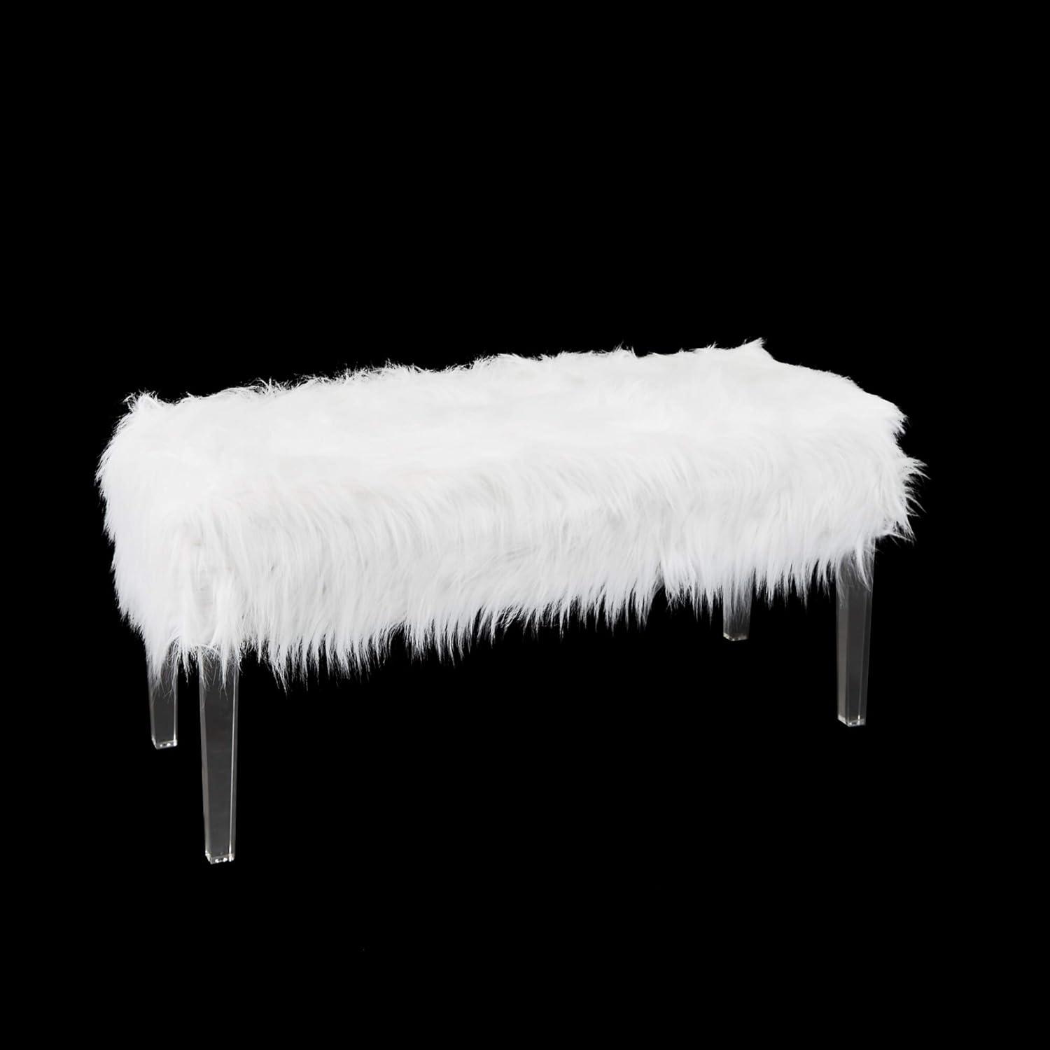 Vanessa Faux Fur and Glass Vanity Storage Bench, White Finish