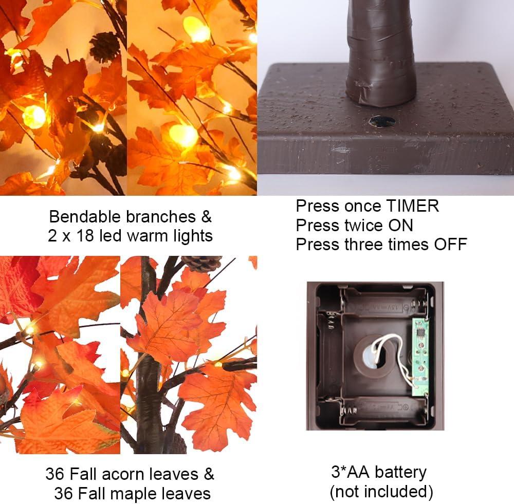 Fall Decorations For Home, 24”/2FT Lighted Fall Maple Leaves Tree With 24LT Warm White Leds For Autumn Decor, 12 Wood Acorns Ornaments Battery Powered Timer For Home Decor, Thanksgiving