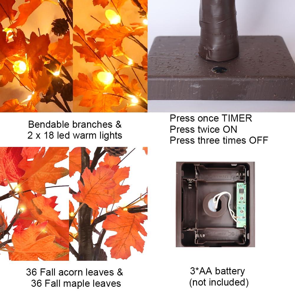 Fall Decorations For Home, 24”/2FT Lighted Fall Maple Leaves Tree With 24LT Warm White Leds For Autumn Decor, 12 Wood Acorns Ornaments Battery Powered Timer For Home Decor, Thanksgiving