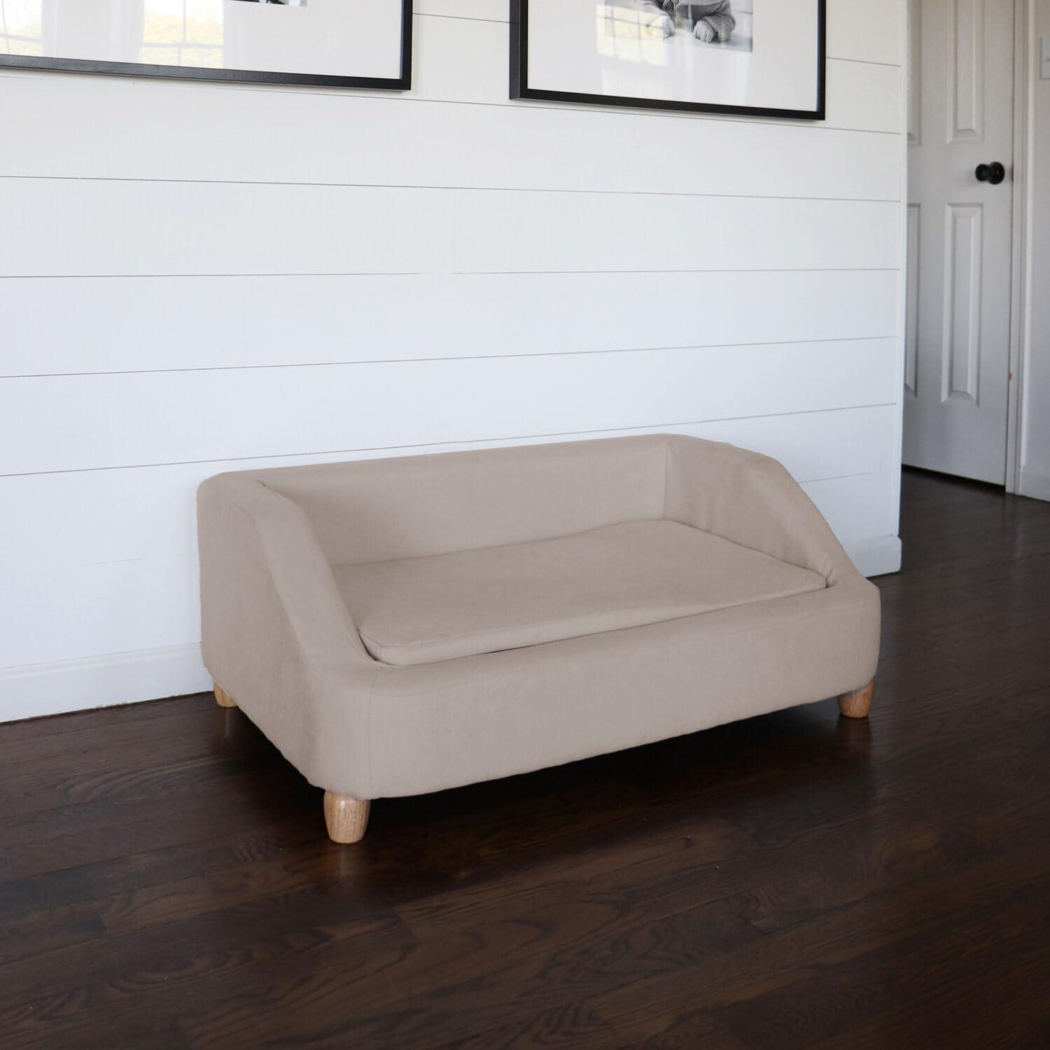 Tan Microfiber Elevated Dog Sofa with Wood Legs