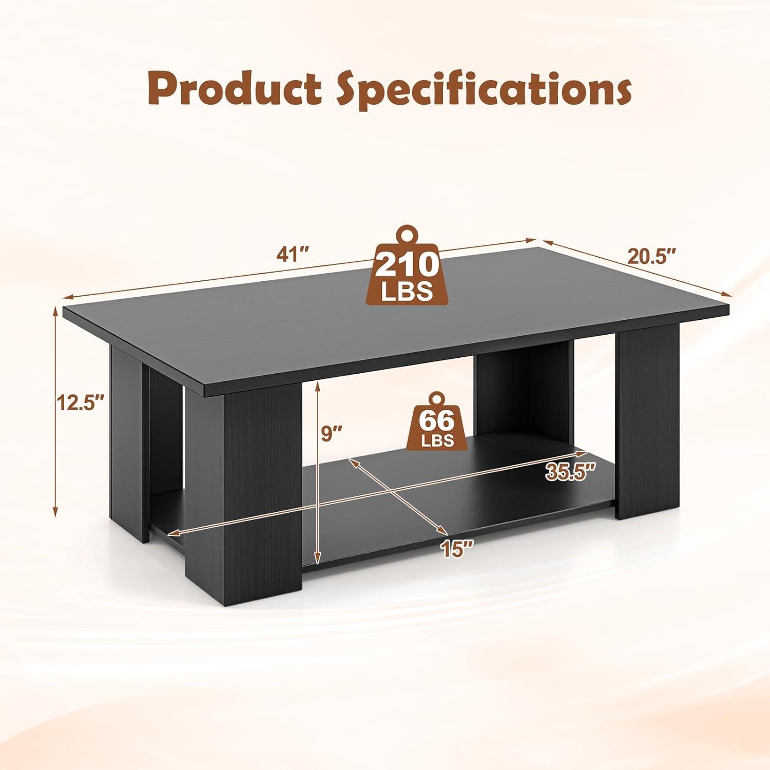 BuySphere Rectangle Wood Center Table, 41" L 2-Tier Large Modern Tea Table w/Open Compartment, Easy Assembly, Accent Coffee Table for Living Room, Reception Room, Black