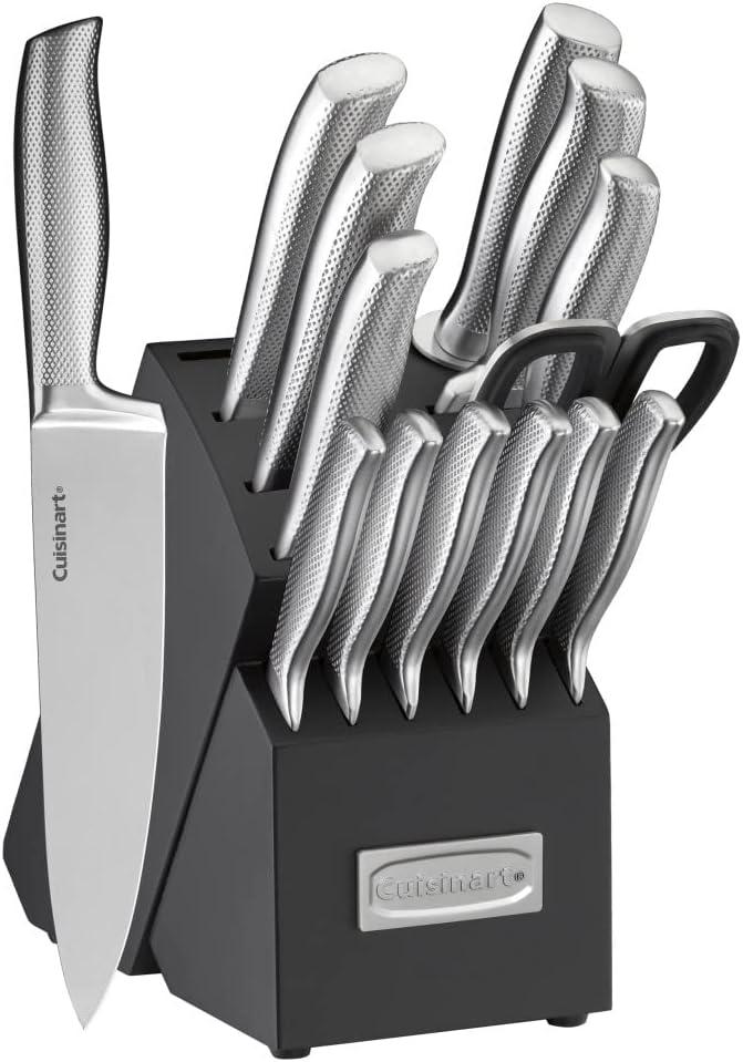 15-Piece German Stainless Steel Knife Block Set with Metal Accents