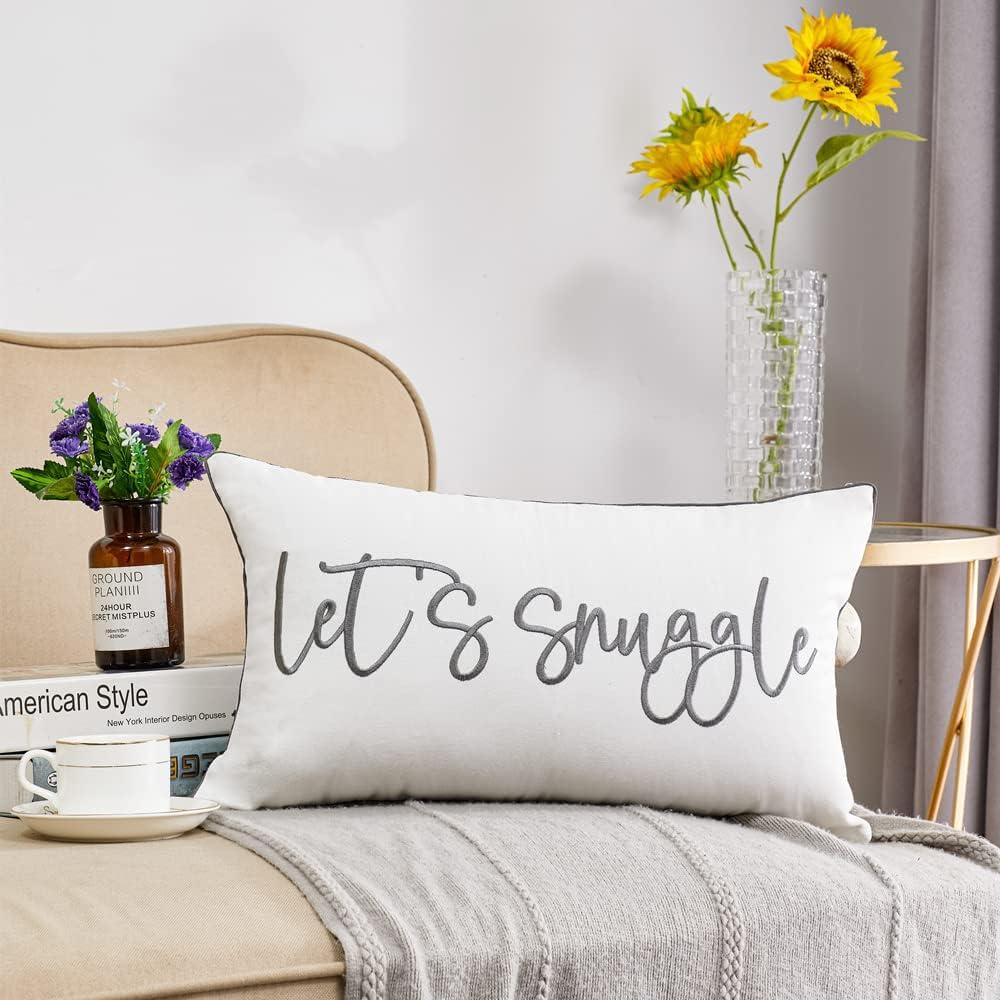 Sunkifover Let's Snuggle Decorative Lumbar Pillow Cover - 12x20 Inch White and Grey Cotton Embroidery Throw Pillowcase for Bed, Bedroom, Living Room, Home Decor