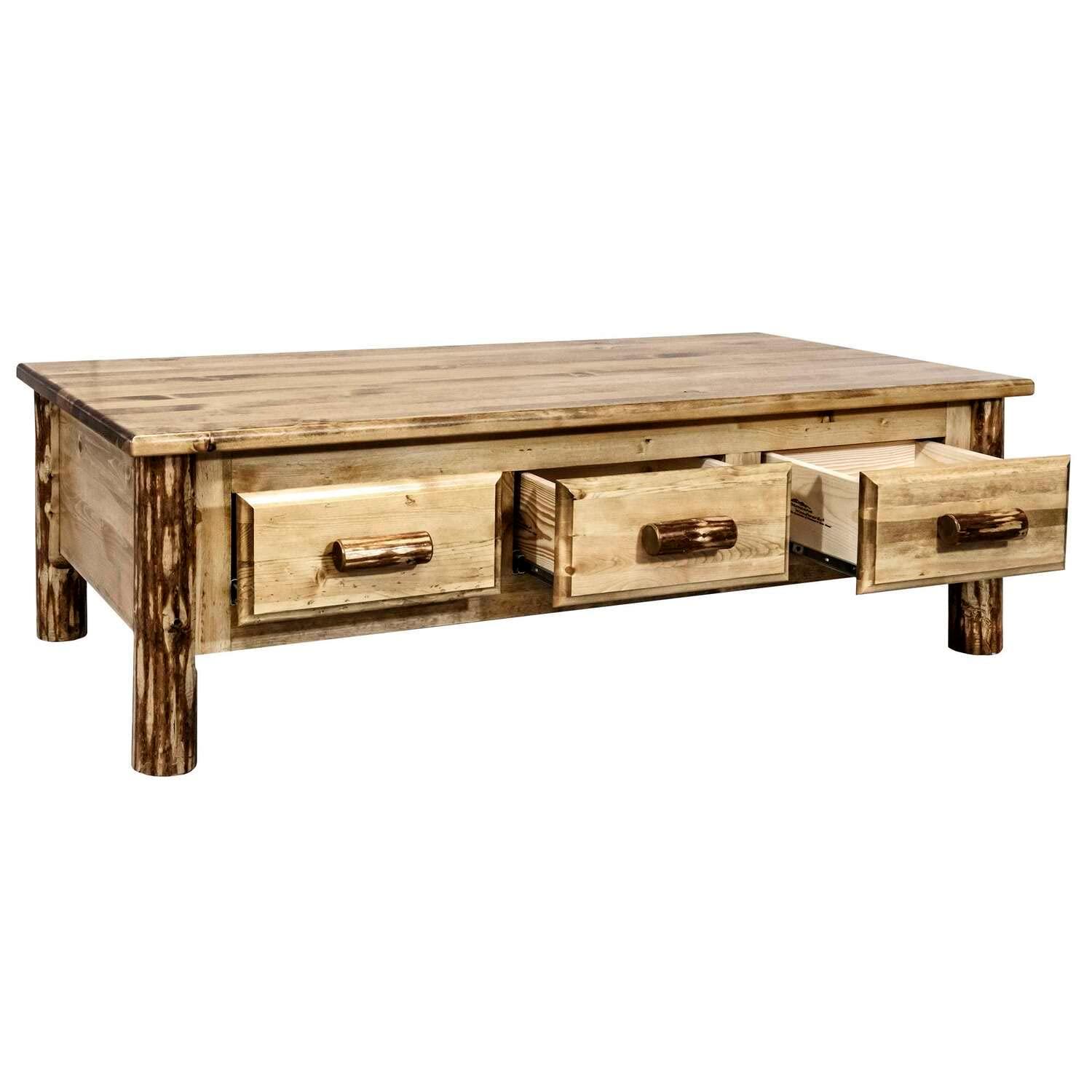 Rustic Pine Solid Wood Rectangular Coffee Table with Storage