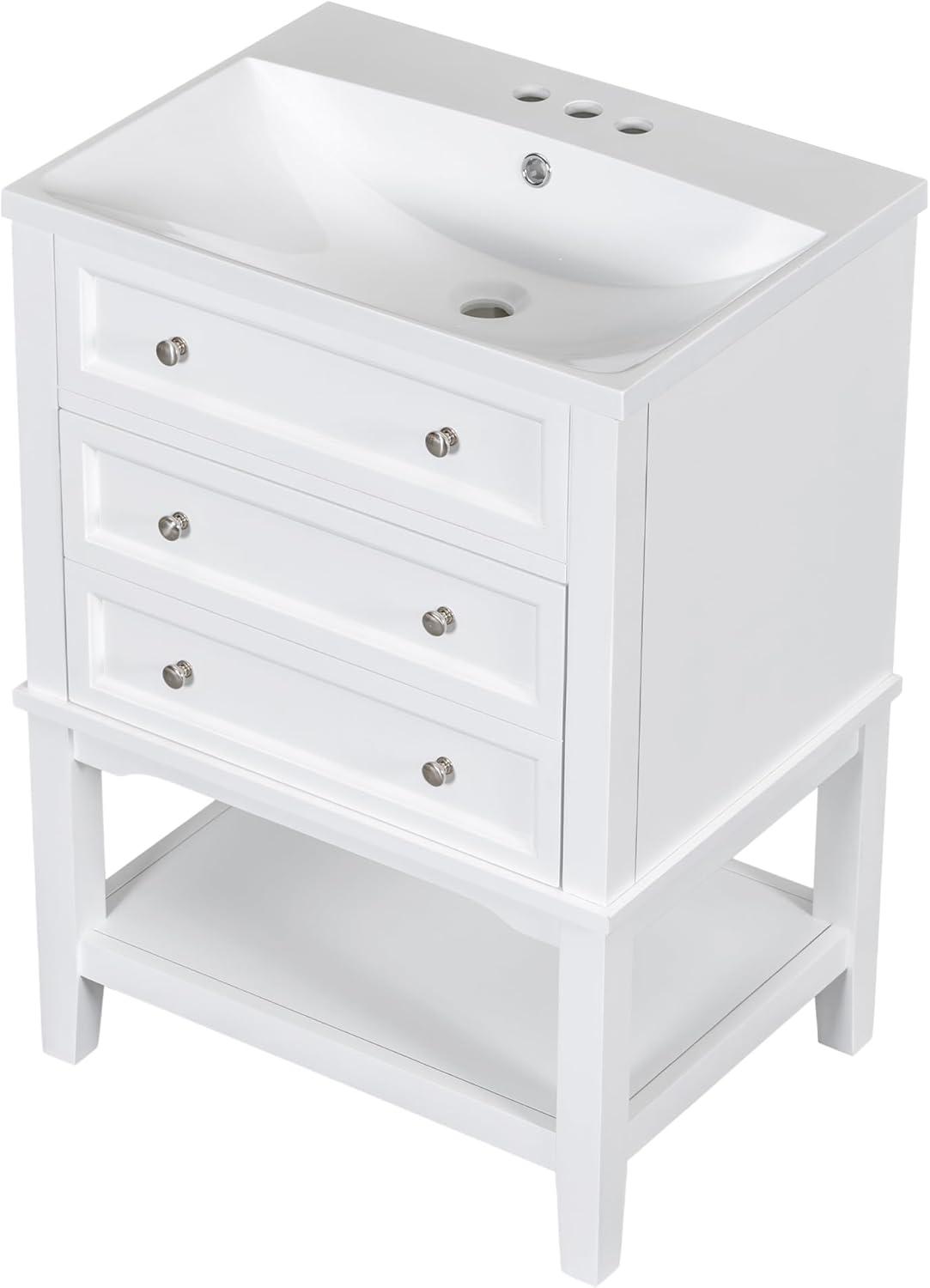 White 24'' Freestanding Bathroom Vanity with Ceramic Sink