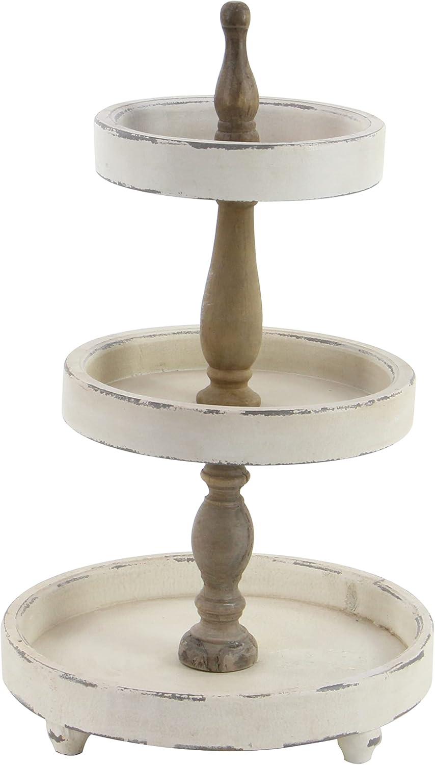 Distressed White and Brown Wood 3-Tier Round Serving Tray