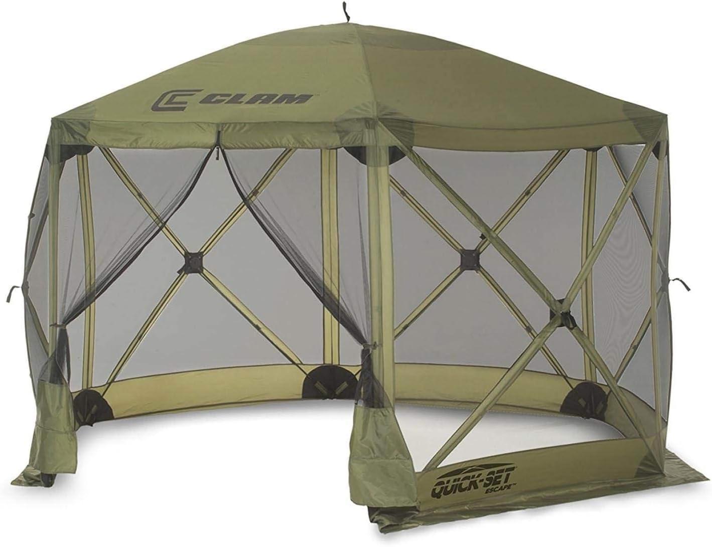 CLAM Quick-Set Escape 11.5 x 11.5 Ft Portable Pop-Up Outdoor Camping Screen Tent 6-Sided Canopy Shelter w/ Carry Bag & 6 Sun and Wind Panels, Green