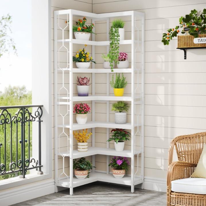 Tribesigns 7-Tier L-Shaped Bookshelf, Wood Corner Etagere Bookcase, Freestanding Display Shelving Unit, White