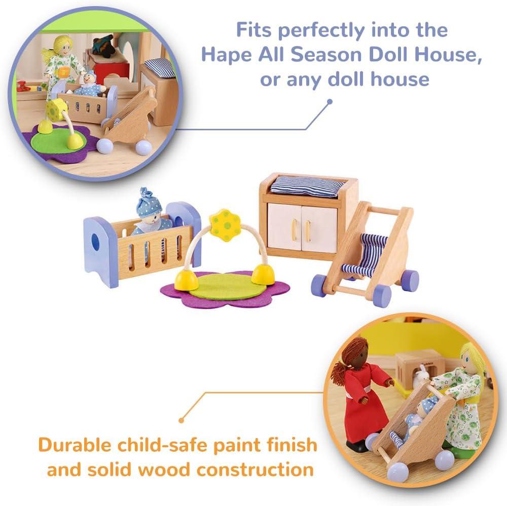 Hape Wooden Dollhouse Furniture Baby's Room Set, 1:12 Scale