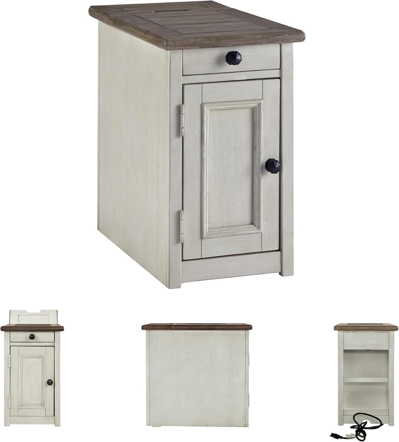 Signature Design by Ashley Bolanburg Chair Side End Table Brown/White: Vintage Style, USB Ports, Storage Cabinet
