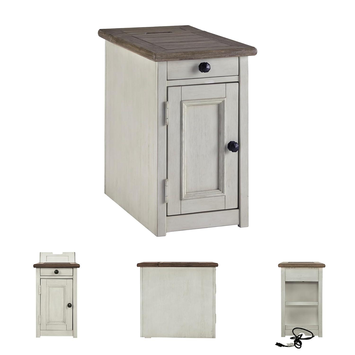 Signature Design by Ashley Bolanburg Chair Side End Table Brown/White: Vintage Style, USB Ports, Storage Cabinet