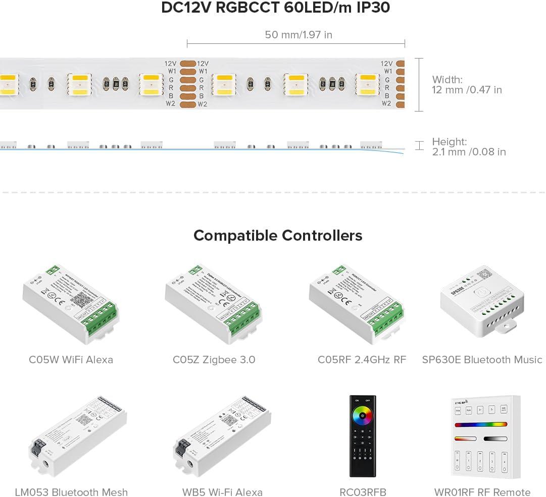 BTF-LIGHTING RGBCCT 5 Colors in 1 LED 5050SMD RGBWW RGB+Dimmable Tunable Color Temperature 2700K-6500K 16.4ft 60LEDs/m 300LEDs DC24V Multi-Colored Tape Lights IP30 White PCB(No Adapter or Controller)