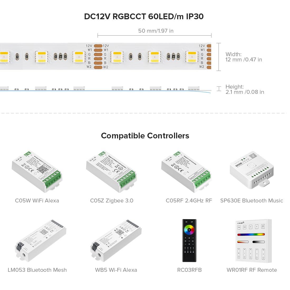 BTF-LIGHTING RGBCCT 5 Colors in 1 LED 5050SMD RGBWW RGB+Dimmable Tunable Color Temperature 2700K-6500K 16.4ft 60LEDs/m 300LEDs DC24V Multi-Colored Tape Lights IP30 White PCB(No Adapter or Controller)