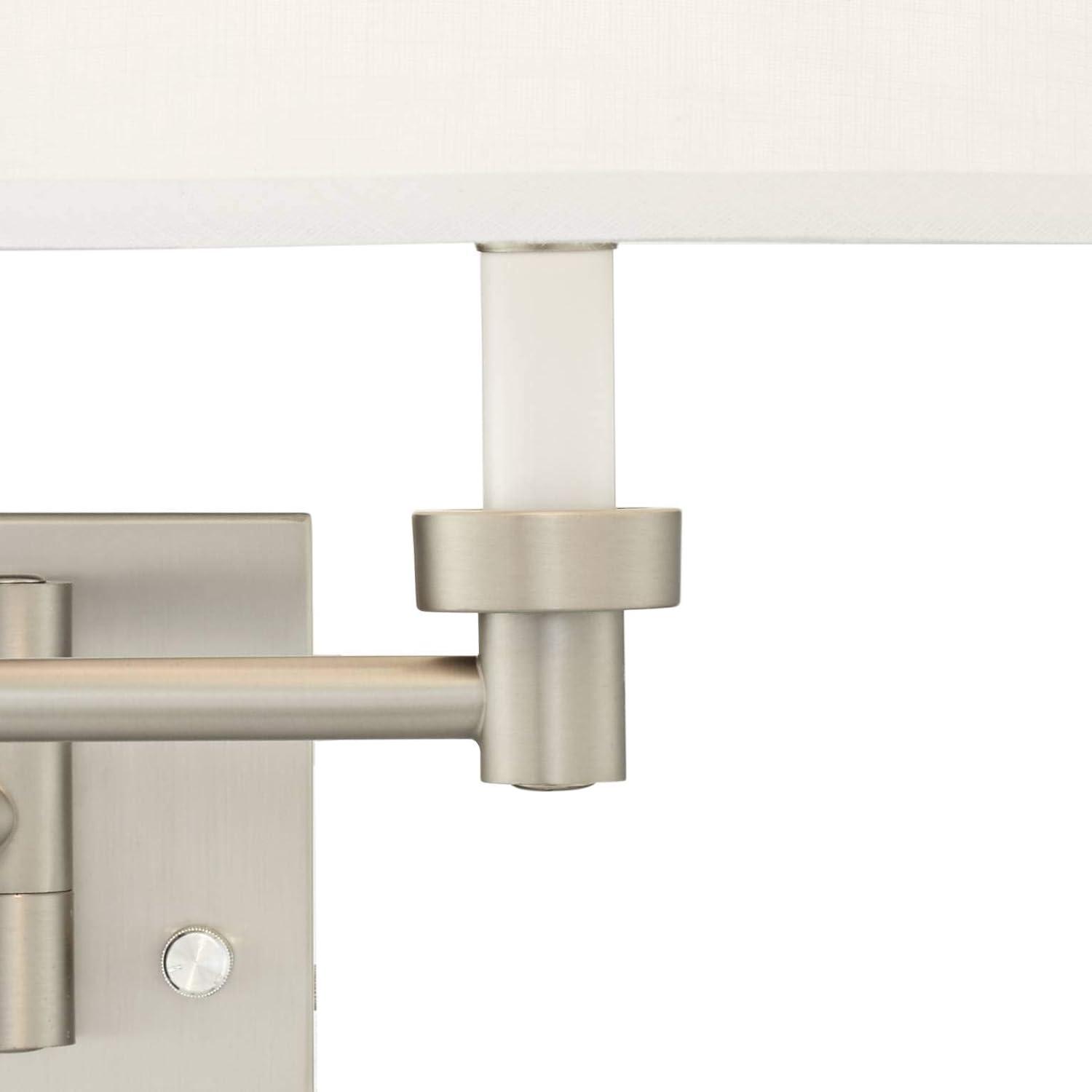 Possini Euro Design Modern Swing Arm Wall Lamps Set of 2 Brushed Nickel Plug-In Light Fixture White Drum Shade for Bedroom Bedside