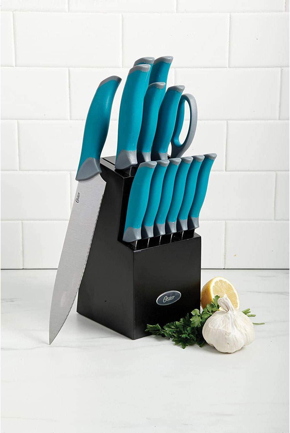 Oster Lindbergh 14 Piece Stainless Steel Cutlery Set in Teal with Wooden Block