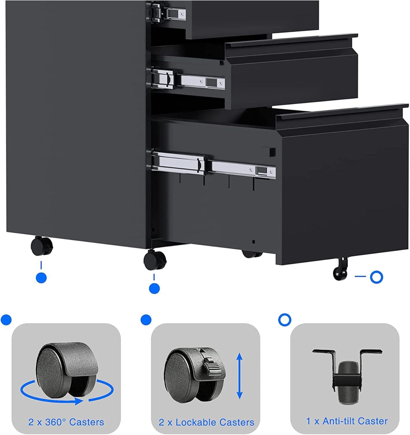Aobabo 3 Drawer File Cabinet with Lock,Metal Filing Cabinet with Wheels for Home Office & Business Enterprise, Legal/Letter Size, Fully Assembled Except Wheels, Black