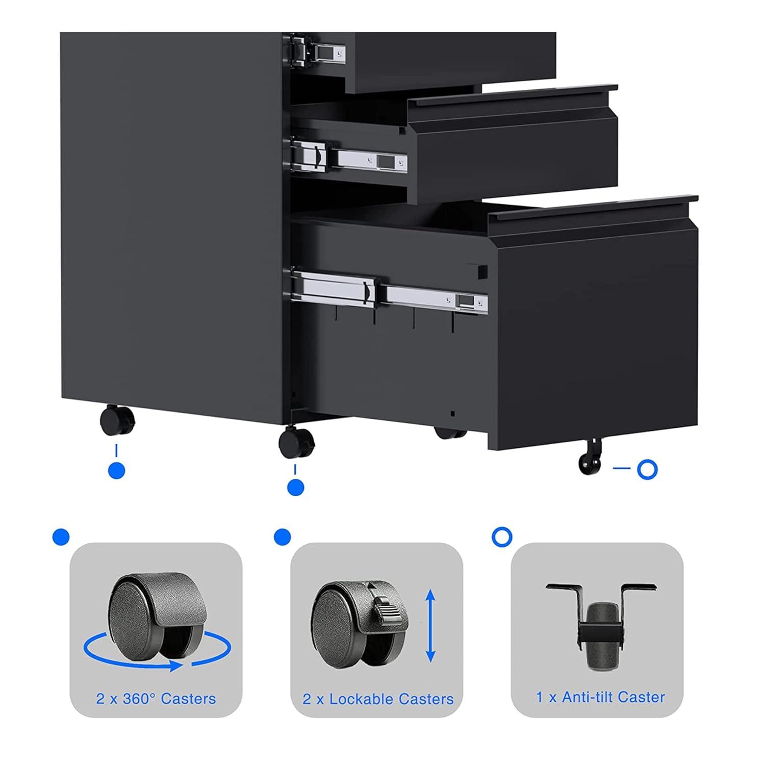 Aobabo 3 Drawer File Cabinet with Lock,Metal Filing Cabinet with Wheels for Home Office & Business Enterprise, Legal/Letter Size, Fully Assembled Except Wheels, Black