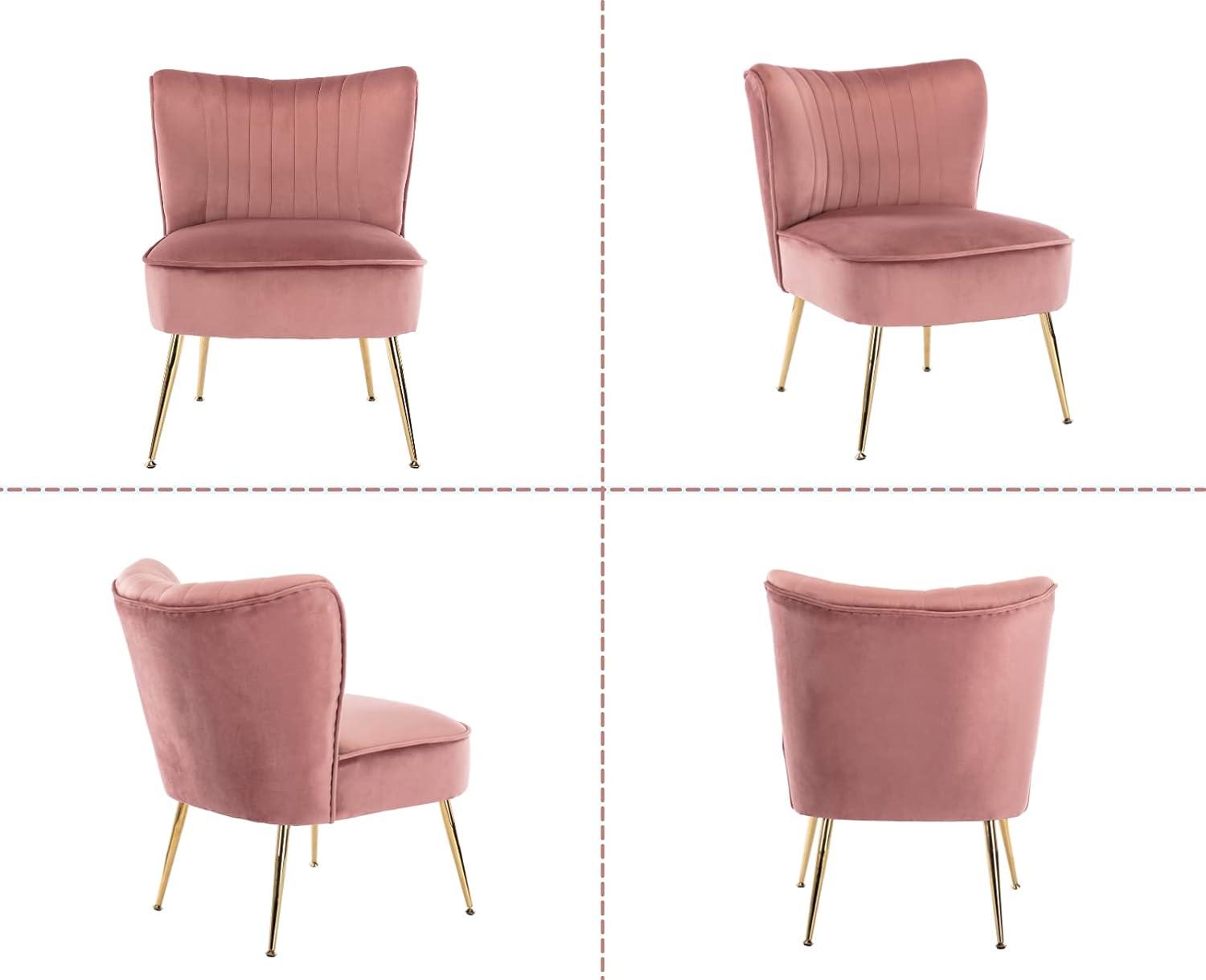 Guyou Modern Accent Chair Set of 2, Armless Slipper Chair Velvet Upholstered Lounge Chair, Wingback Single Sofa Side Chair with Gold Legs for Living Room Bedroom, Pink