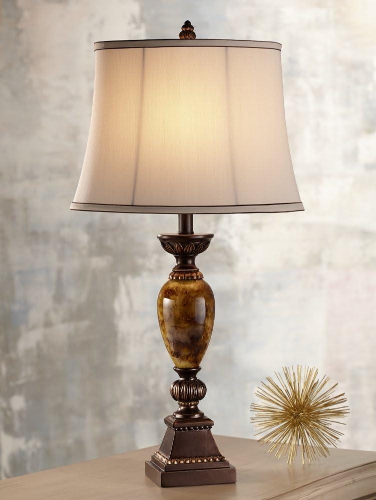 Kathy Ireland Mulholland Traditional Table Lamp 30" Tall Brown Gold Faux Marble Aged Bronze Off White Oval Shade for Bedroom Living Room Bedside Kids