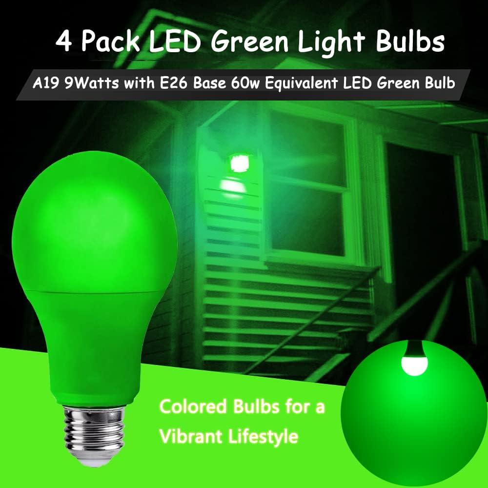 EDISHINE Green LED Light Bulbs for Holiday Party Decoration, A19 9W LED Bulbs 60W Equivalent E26 Base 4 Pack, ETL Listed