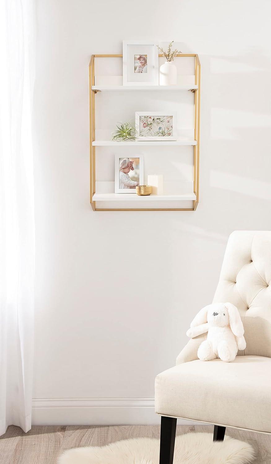 Elegant White and Gold 3-Tier Floating Wooden Wall Shelf