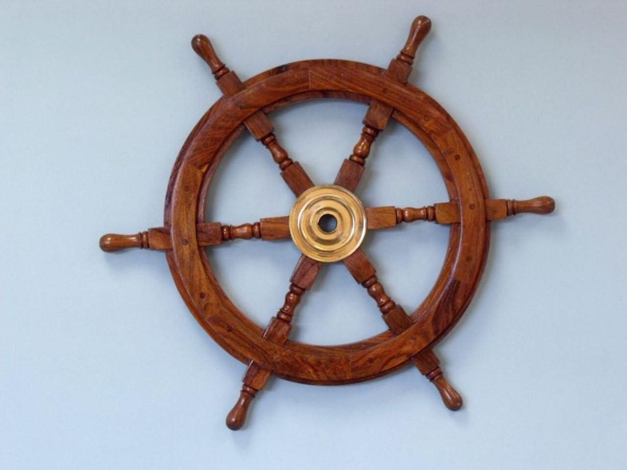 Deluxe Lacquered Wood and Brass Nautical Ship Wheel 18"