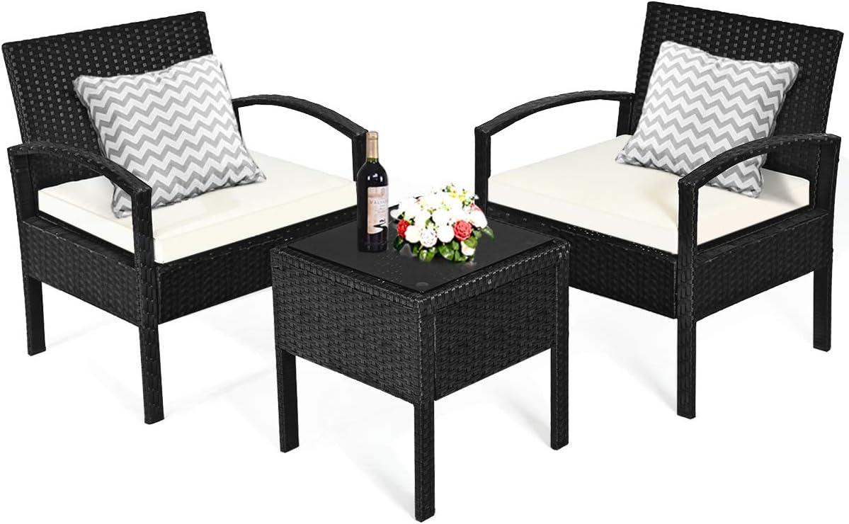 Black Steel 3-Piece Patio Conversation Set with Beige Cushions