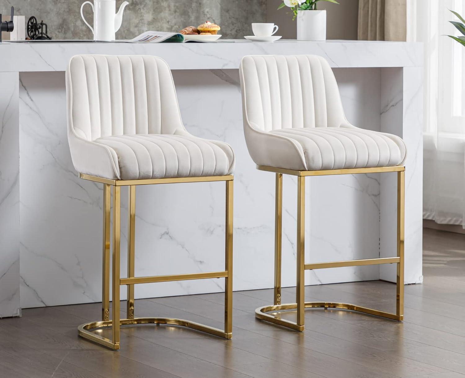 Counter Height Stools Set of 2, Velvet Bar Stools with 27 Inches Upholstered Seat Height, Handmade Woven Back Armrest, Sturdy Golden Metal Legs for Home Dining Pub Kitchen Island, Beige
