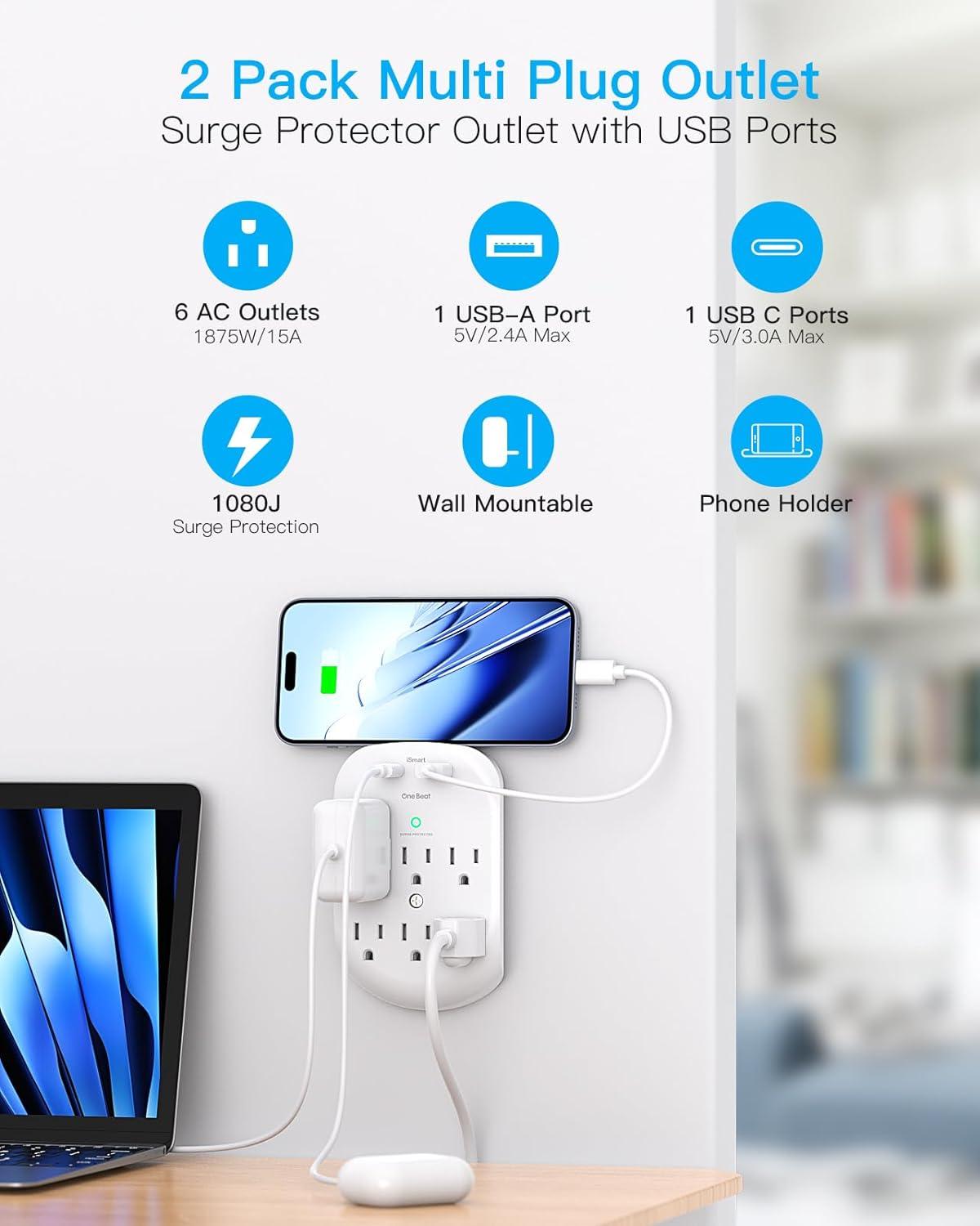 2 Pack Surge Protector Outlet, Multi Plug Outlet Adapter with 6 Wall Outlets 2 USB Wall Charger (1 USB C Port), Wall Outlet Extender, Multiple Outlet Wall Plug Splitter for Home Office Dorm Room