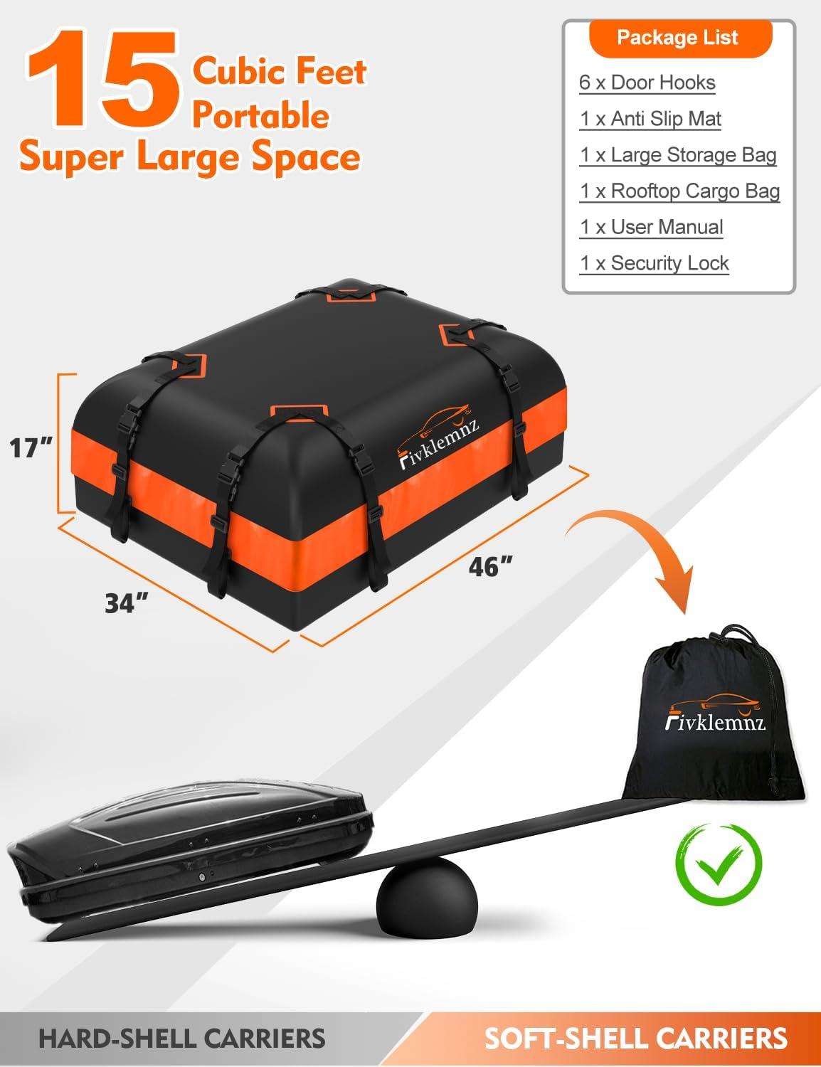 Large Black and Orange Waterproof Rooftop Cargo Carrier Bag