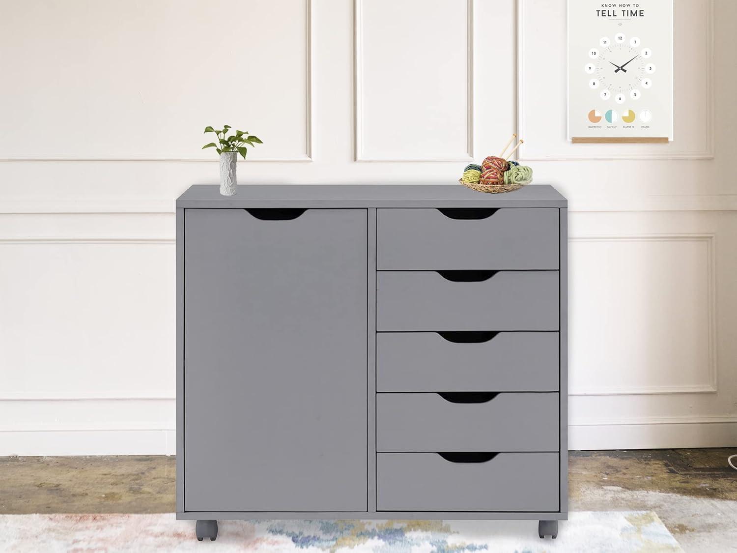 5 Drawer Dresser, Tall Dressers for Bedroom, Kids Dresser with Wheels, Storage Shelves with Drawers, Small Dresser for Closet, Makeup Dresser with 180 lbs Capacity - Grey