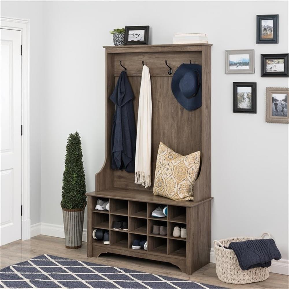Prepac Hall Tree with Shoe Storage Drifted Gray : Entryway Organizer, Mudroom Bench, 4 Hooks, 15 Cubbies